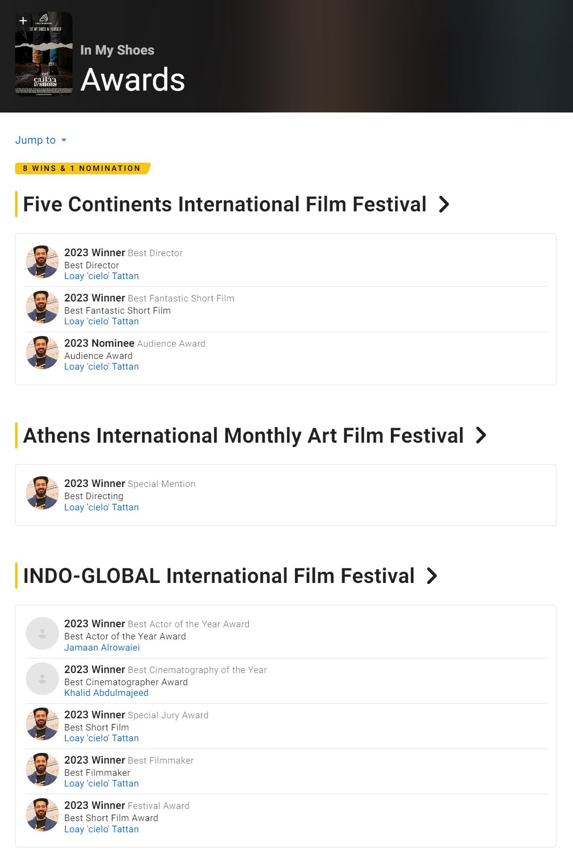 جميع الجوائز التي حصدها فيلم في حذائي في مهرجان “اندو جي آي”</p>
<p>‎‏In My Shoes film award list in Indo G.I film festival.</p>
<p>‎#في_حذائي #فيلم_في_حذائي #فيلم #فيلم_بحريني #أفلام_بحرينية #السينما_البحرينية #سينما_البحرين #لؤي_التتان #جمعان_الرويعي #محمد_الصفار #خالد_عبدالمجيد</p>
<p>‎‏#inmyshoesfilm #inmyshoes #bahrainifilms #bahrainicinema #LoayTattan #jamaanalrowaiei #khalidabdulmajeed